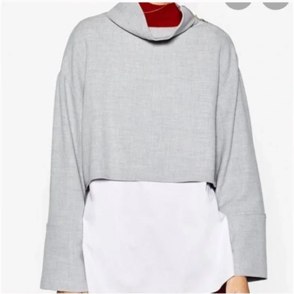 Zara Trafaluc mock neck zipper shoulder Boxy Gray & White Career blouse Sz M - Picture 7 of 7